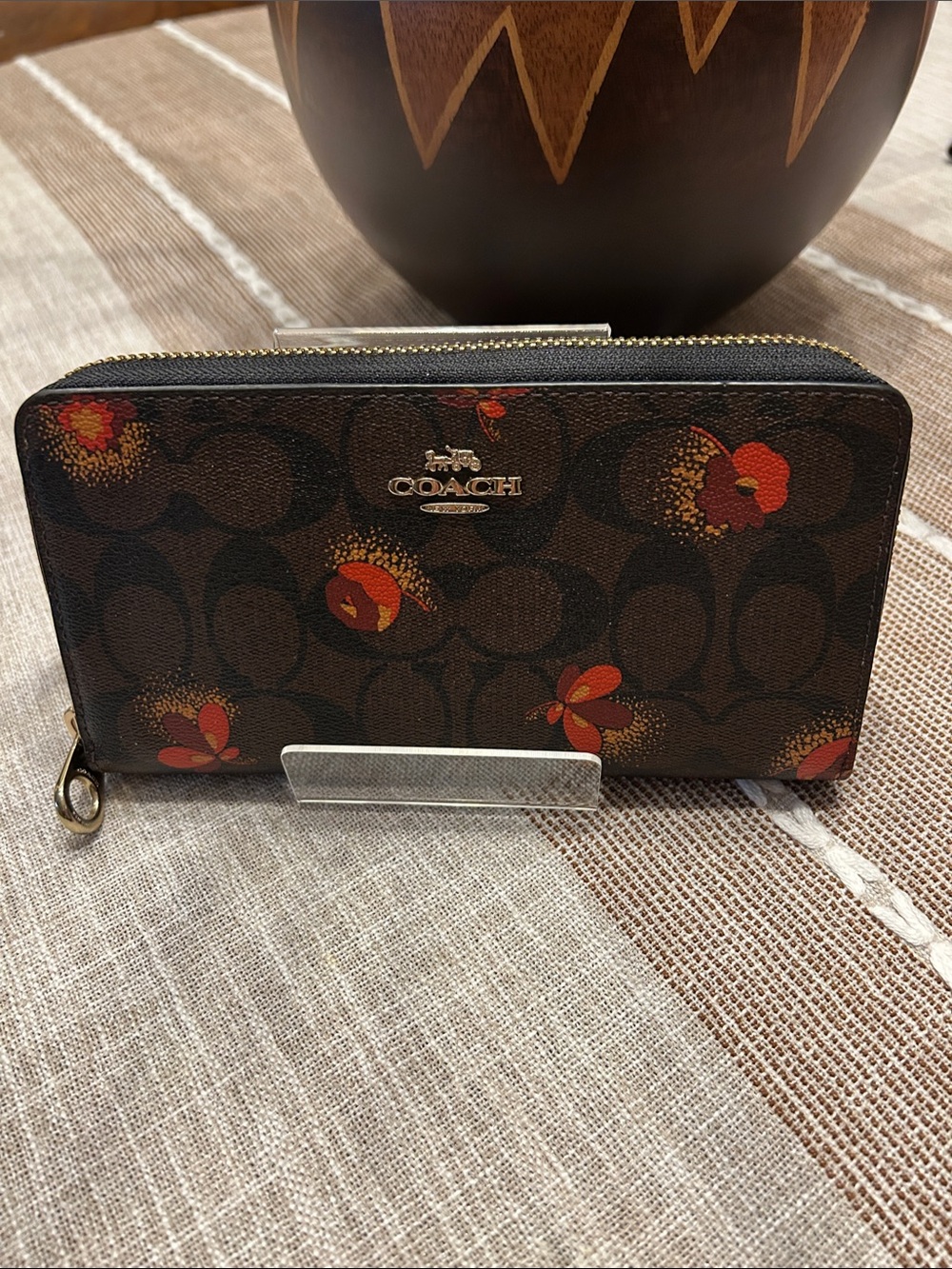 Coach Brown Floral Zip-Around Wallet with Red Accents NWOT